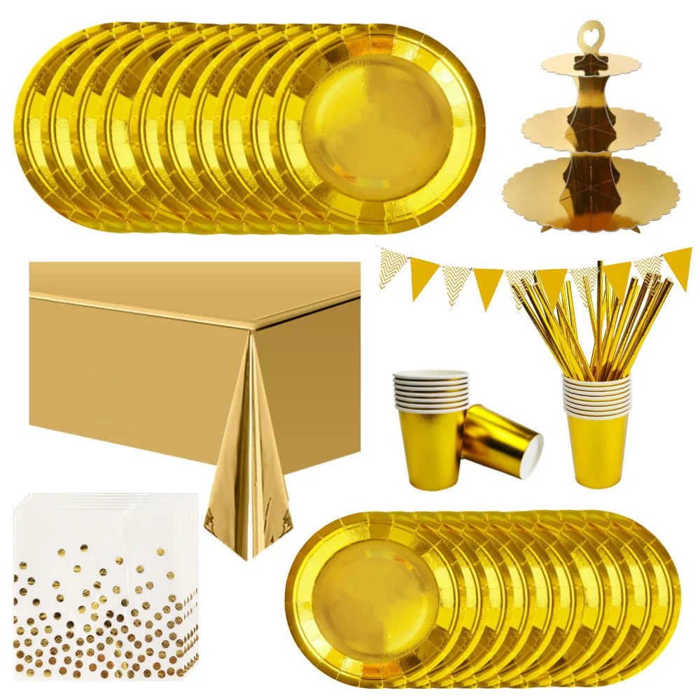 Gold Party Disposable Tableware Set – Includes Paper Plates, Cups, Straws, Banner, and Tablecloth for Kids and Adults – Ideal for Birthdays, Weddings, Baby Showers, and More