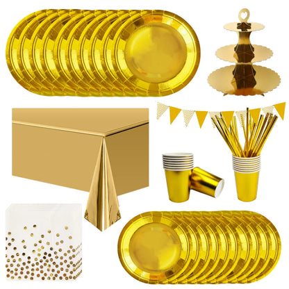 Gold Party Einweggeschirr-Set – Enthält Pappteller, Becher, Strohhalme, Banner und Tischdecke für Kinder und Erwachsene – Ideal für Geburtstage, Hochzeiten, Babypartys und mehr