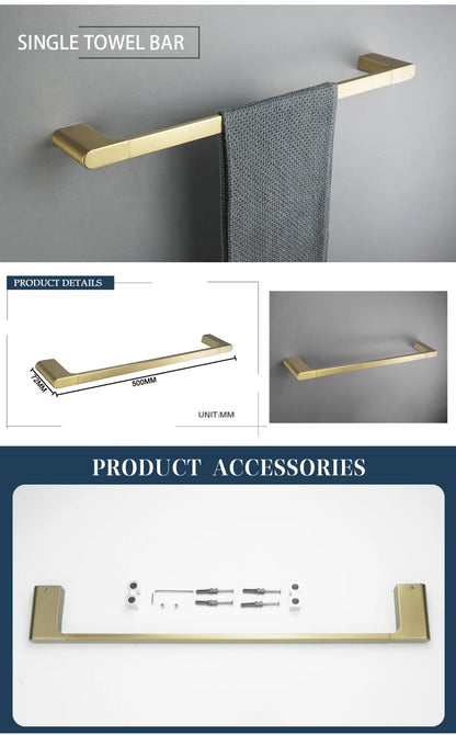 Brushed Gold Bathroom Accessory Set: Towel Bar, Toilet Paper Holder, Towel Rack, Hook, Toilet Brush, and Soap Dispenser