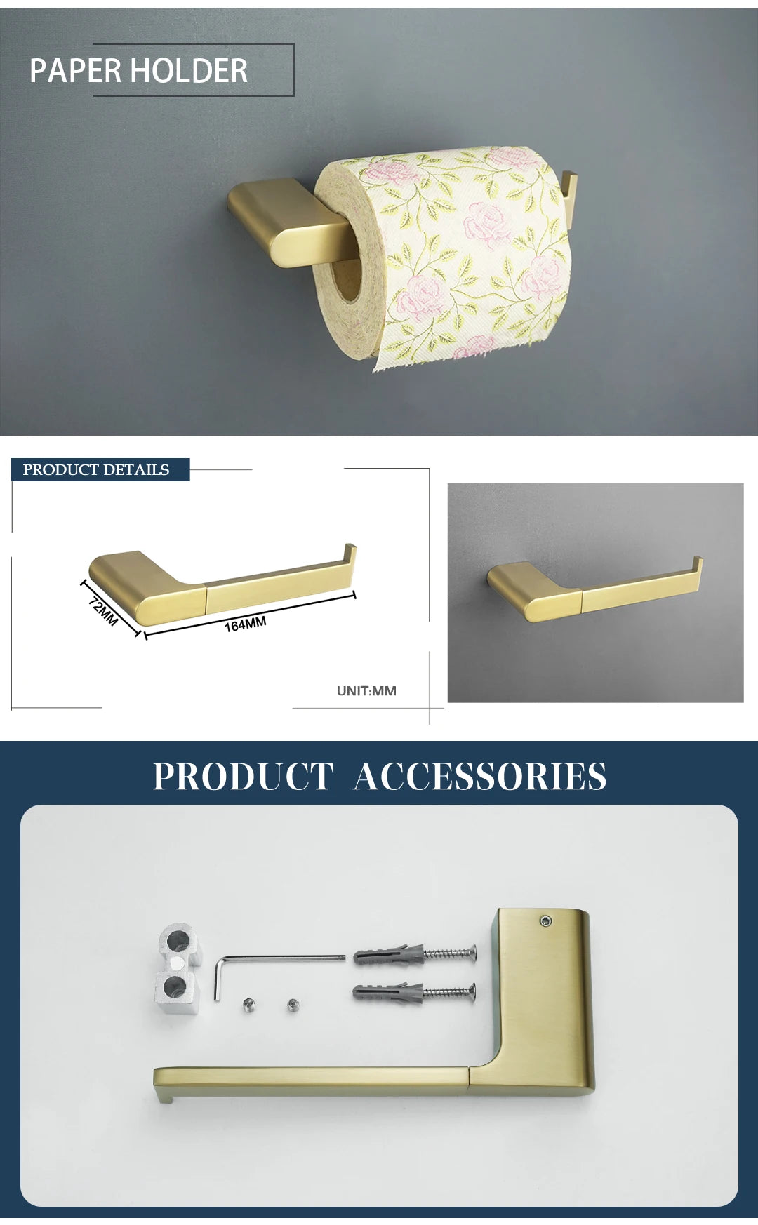 Brushed Gold Bathroom Accessory Set: Towel Bar, Toilet Paper Holder, Towel Rack, Hook, Toilet Brush, and Soap Dispenser