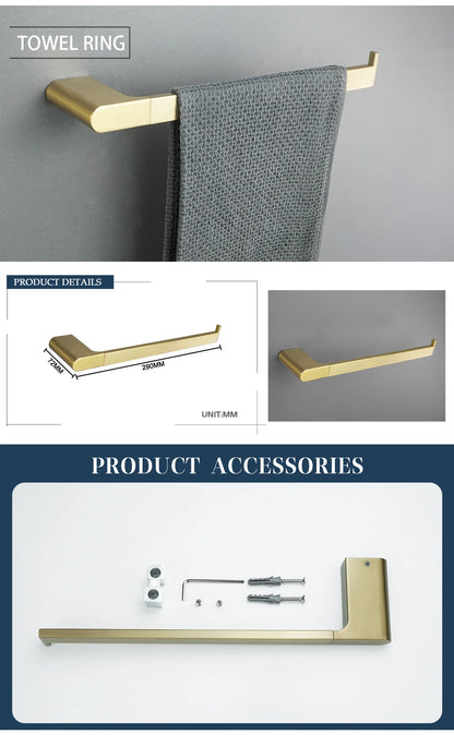 Brushed Gold Bathroom Accessory Set: Towel Bar, Toilet Paper Holder, Towel Rack, Hook, Toilet Brush, and Soap Dispenser