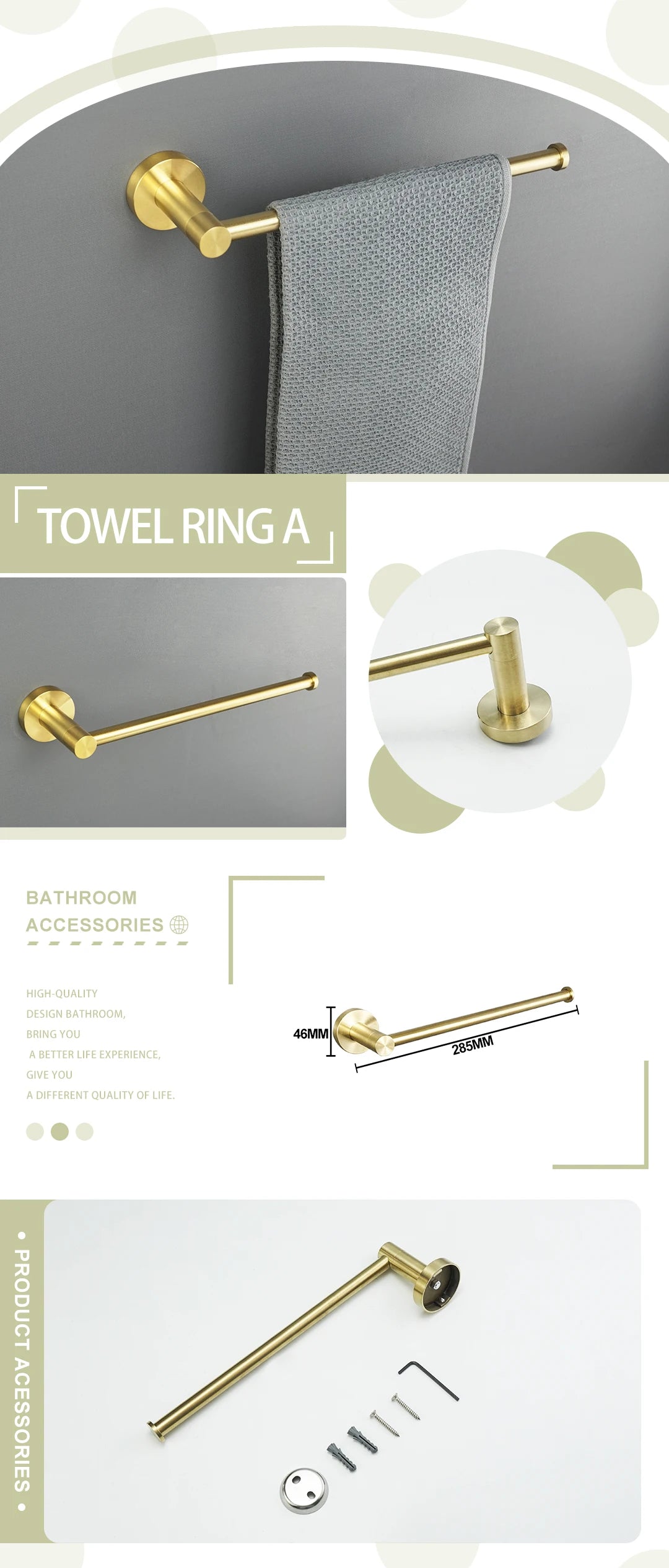 Wandregal und Zubehörset für Badezimmer in gebürstetem Gold: Inklusive Toilettenpapierhalter, Handtuchhalter, Regal, Stange und Bademantelhaken