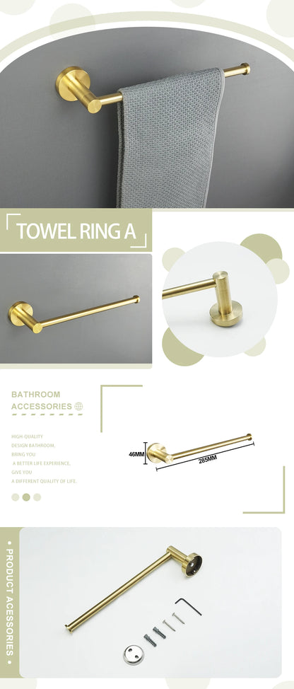 Brushed Gold Bathroom Wall-Mount Shelf & Accessory Set: Includes Toilet Paper Holder, Towel Bar, Rack, Rod, and Robe Hook