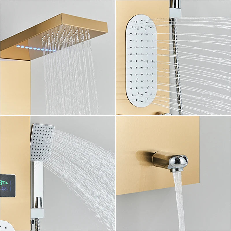 Golden LED Shower Panel with Rainfall Showerhead and Massage Jets - Wall Mounted Stainless Steel Shower Column