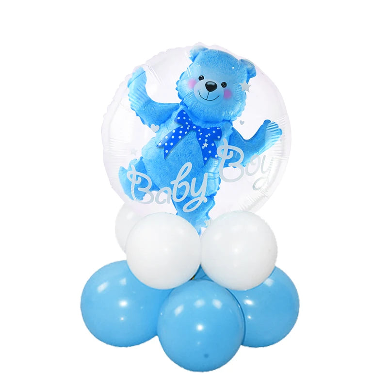 4D Transparent Baby Shower Balloon - Gender Reveal Bear Design for Boys and Girls, 1st Birthday Party Decoration, Blue and Pink Helium Balloon