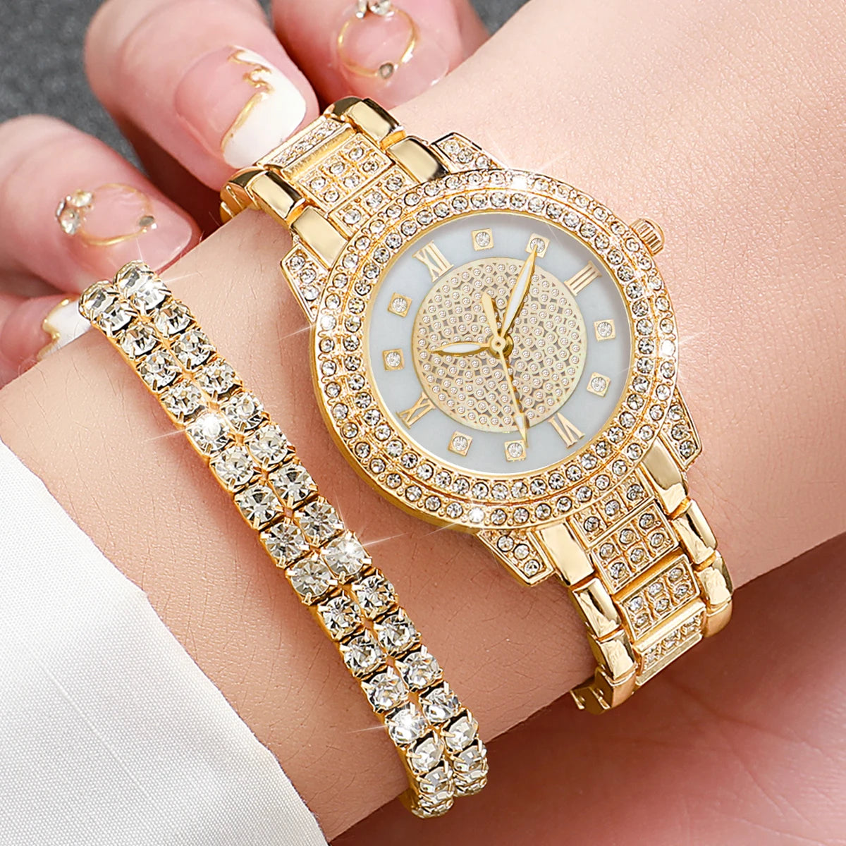 6PCS Women's Rhinestone Quartz Watch & Diamond Jewelry Set - Stainless Steel Band