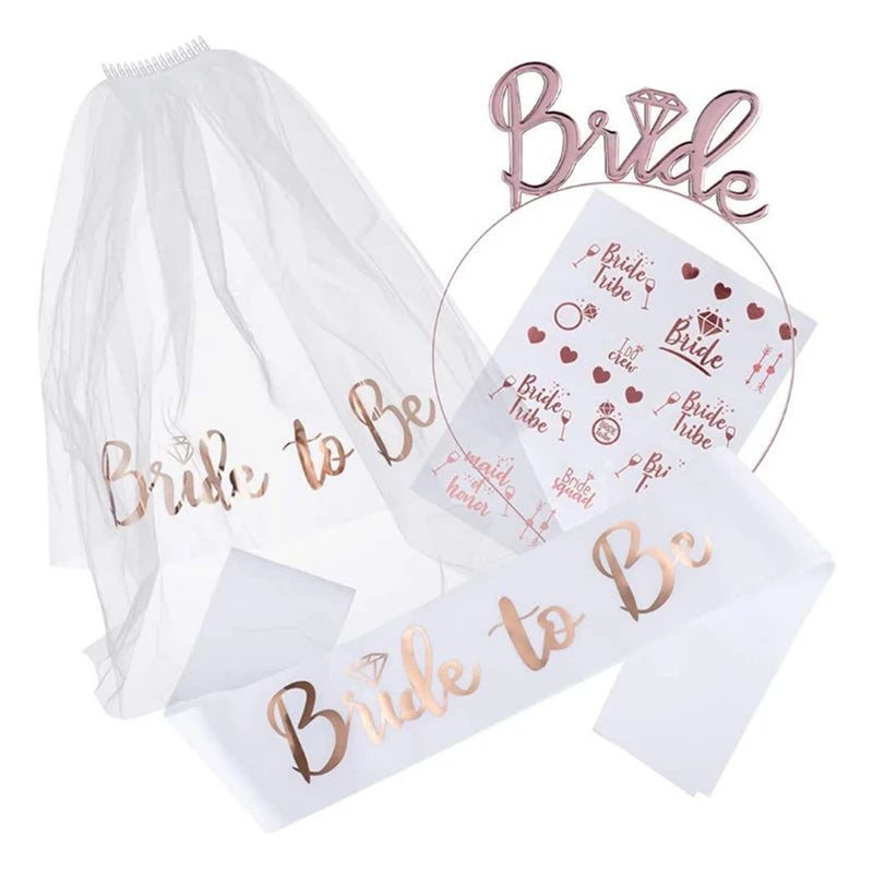 Bridal Shower Set: Bride-to-Be Veil, Satin Sash, Hairband, and Tattoo Stickers – Complete Bachelorette Party Decorations