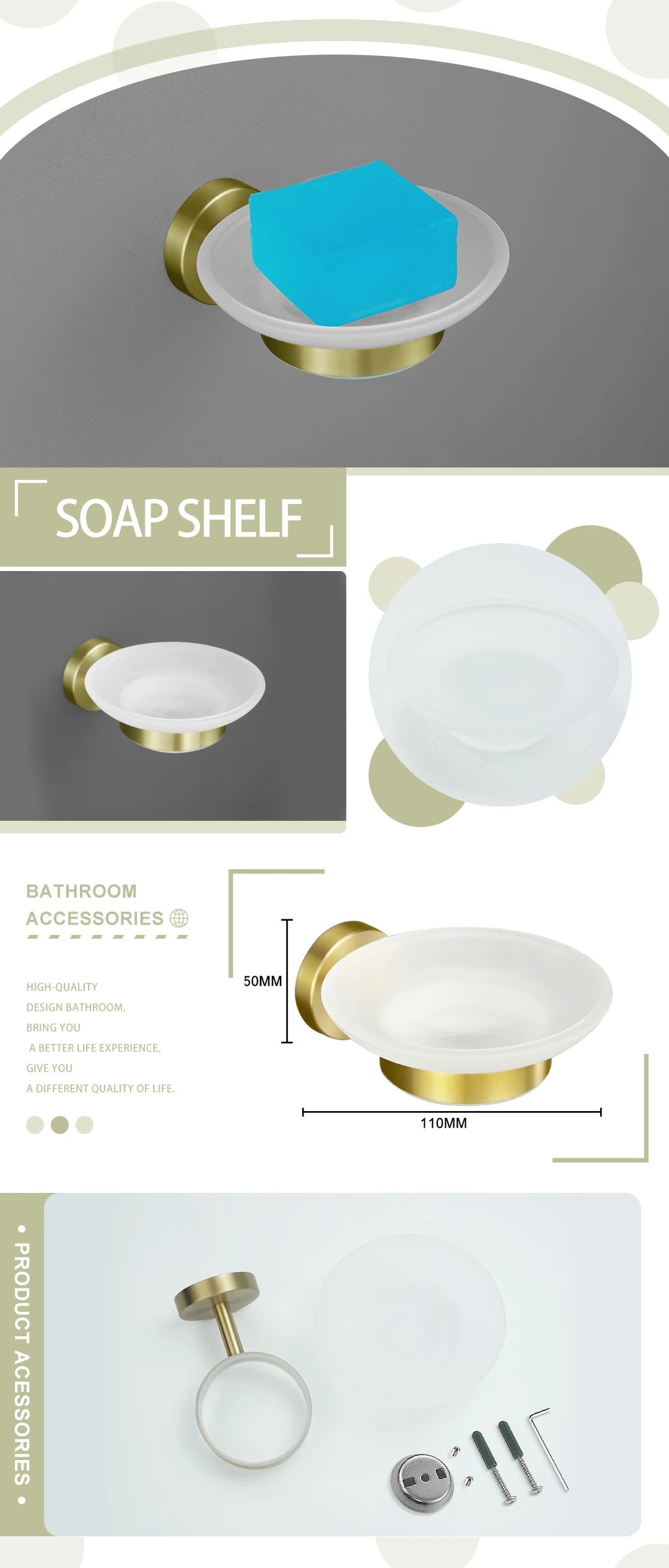 Brushed Gold Bathroom Wall-Mount Shelf & Accessory Set: Includes Toilet Paper Holder, Towel Bar, Rack, Rod, and Robe Hook