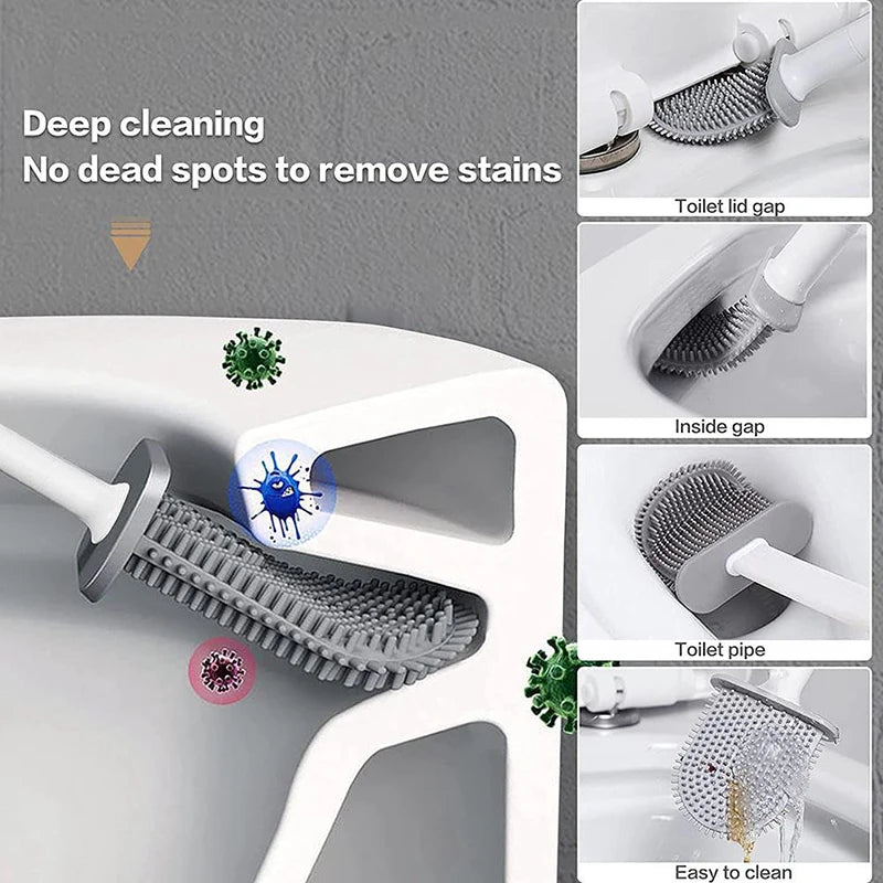 Wall Hanging Toilet Brush with Holder - Long-Handled Silicone Toilet Brush with Soft Bristles for Easy WC Cleaning