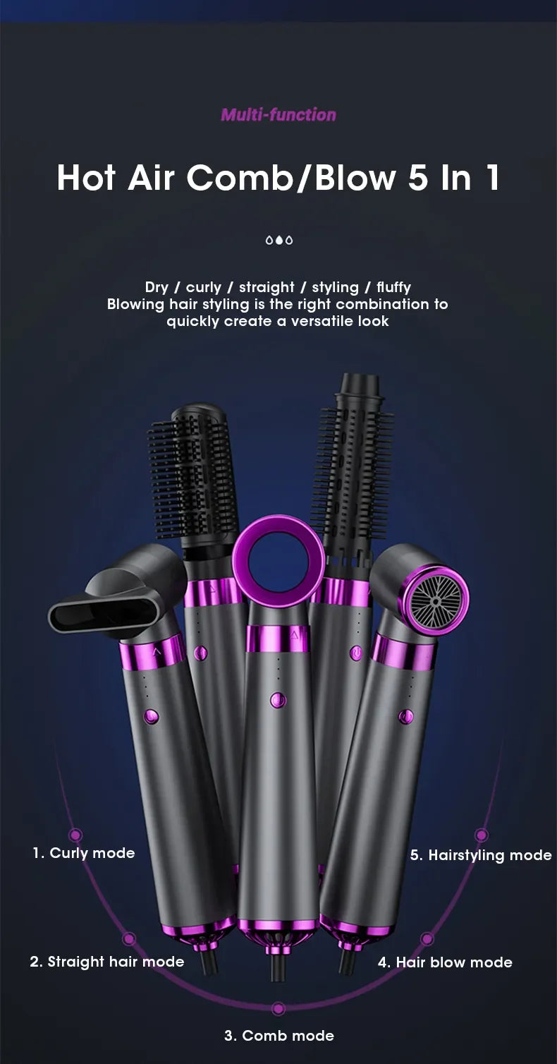 5-in-1 Multi-Function Hair Styler: Hot & Cold Air Dryer with Comb, Brush, Curler, and Straightener