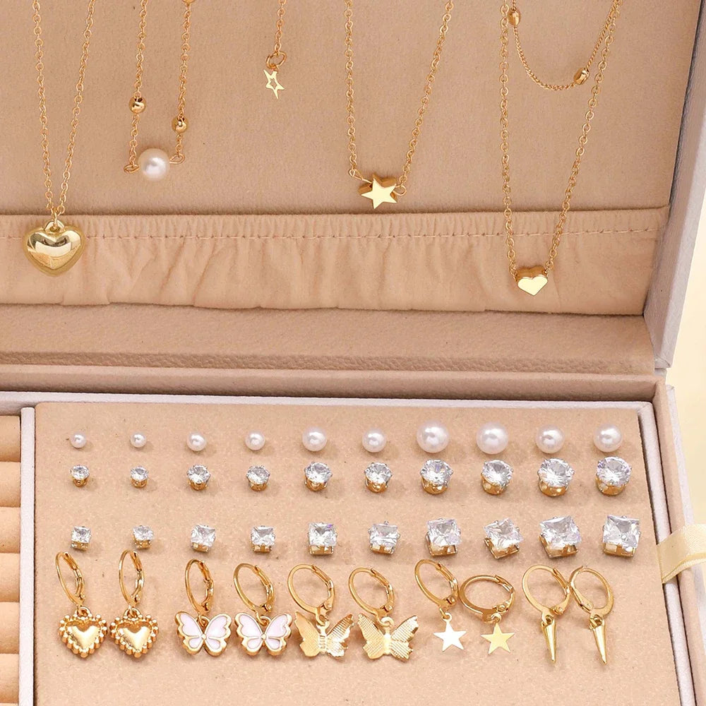 84-Piece  Set: Imitation Pearl and Zircon Butterfly Jewelry Collection for Women