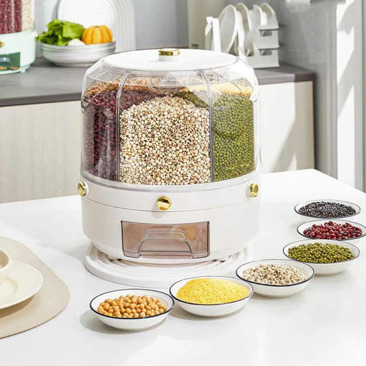 360 Degree Rotating Rice Dispenser - Sealed Dry Cereal Grain Bucket with Moisture-Proof Kitchen Food Container Storage Box