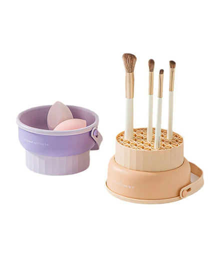 Silicone Brush Cleaner and Drying Set: Includes Makeup Brush Cleaning Bowl, Beauty Egg, Powder Puff Storage, and Drying Shelf