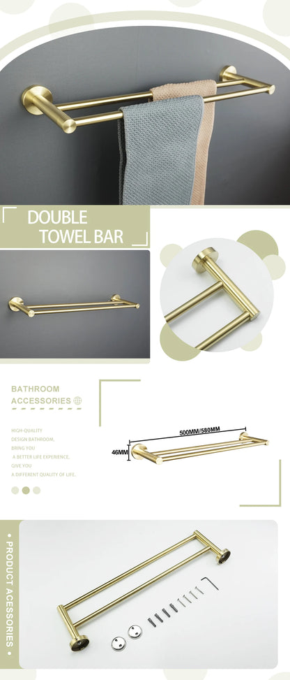 Brushed Gold Bathroom Wall-Mount Shelf & Accessory Set: Includes Toilet Paper Holder, Towel Bar, Rack, Rod, and Robe Hook