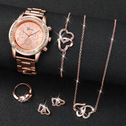 6-Piece Women's Watch Set: Fashionable Rhinestone-Embellished Quartz Watches with Stainless Steel Bands and Double Heart Design (Jewelry Set, No Box Included)