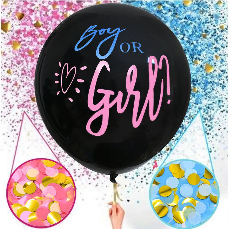 36'' Giant Black Latex Balloon with Blue and Pink Confetti – Perfect for Baby Shower or Gender Reveal Party Decoration