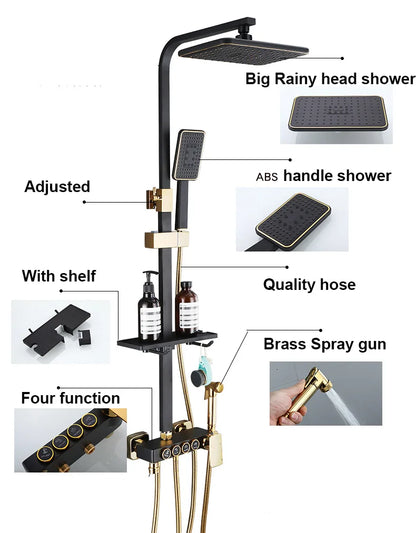 Black Gold Shower Faucet Set – 4-Way Mixer Tap with Bidet and Shelf, Bathroom Rainfall Shower System Wall Mount