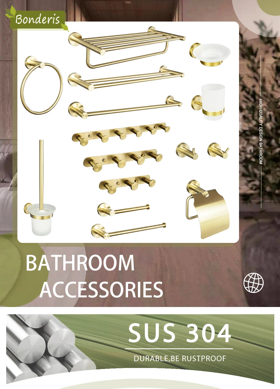 Brushed Gold Bathroom Wall-Mount Shelf & Accessory Set: Includes Toilet Paper Holder, Towel Bar, Rack, Rod, and Robe Hook