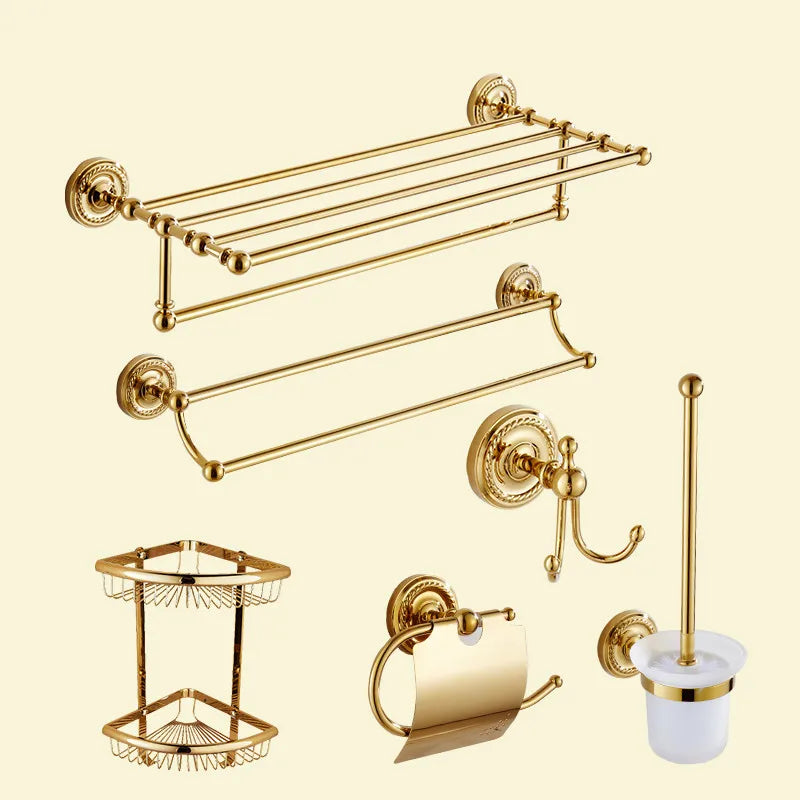 Solid Brass Bathroom Hardware Set - Gold Polished Toothbrush Holder, Paper Holder, Towel Bar, and Towel Rack