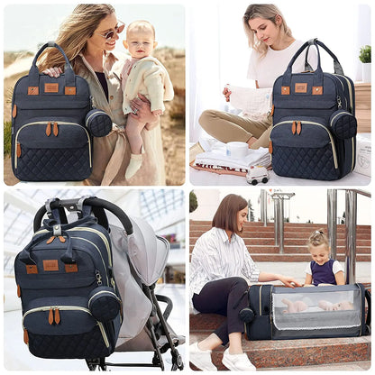 3-in-1 Wickeltaschen-Rucksack mit faltbarem Babybett &amp; USB-Aufladung – wasserdichte Reisetasche mit Wickelunterlage