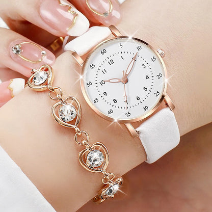 5-Piece Women's Fashion Watch Set with Diamond Heart Jewelry, Small Dial Quartz Watches, Leather Bands (No Box Included)