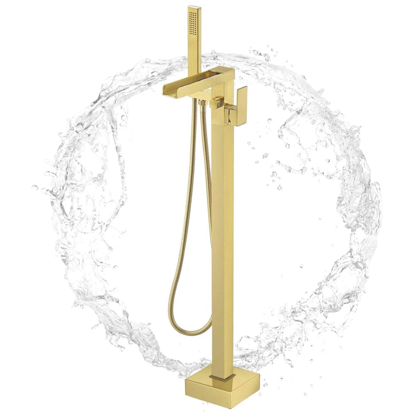 Golden Floor Standing Bathtub Faucet - Brass Waterfall Spout with Hot and Cold Mixer Tap