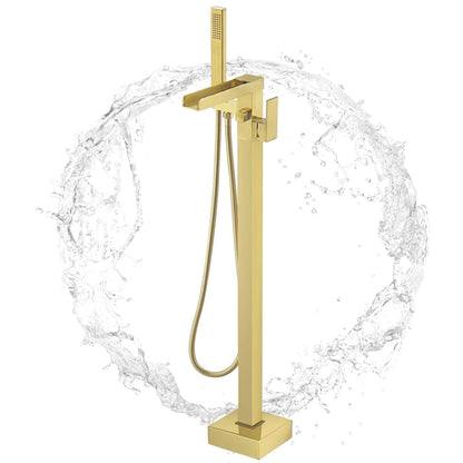 Golden Floor Standing Bathtub Faucet - Brass Waterfall Spout with Hot and Cold Mixer Tap