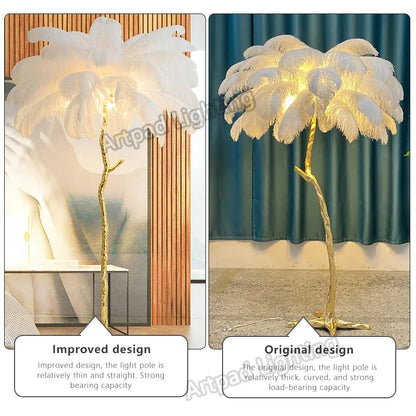 Feather Floor Lamp with Ostrich Feathers - Modern LED Resin Standing Lamp for Living Room & Bedroom