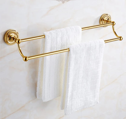 Solid Brass Bathroom Hardware Set - Gold Polished Toothbrush Holder, Paper Holder, Towel Bar, and Towel Rack