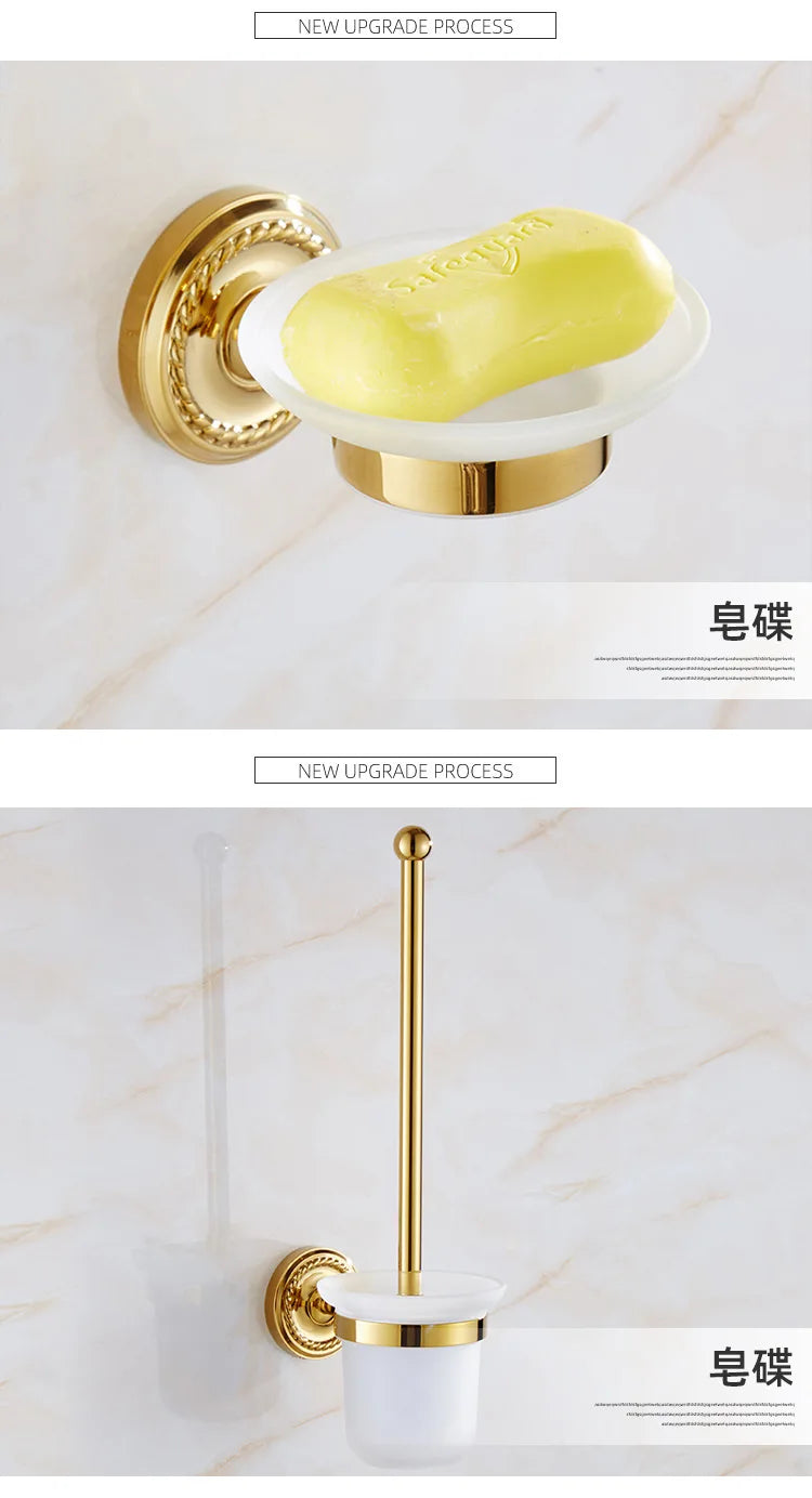 Solid Brass Bathroom Hardware Set - Gold Polished Toothbrush Holder, Paper Holder, Towel Bar, and Towel Rack