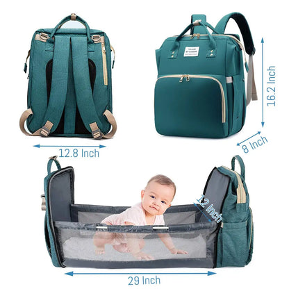 3-in-1 Wickeltaschen-Rucksack mit faltbarem Babybett &amp; USB-Aufladung – wasserdichte Reisetasche mit Wickelunterlage