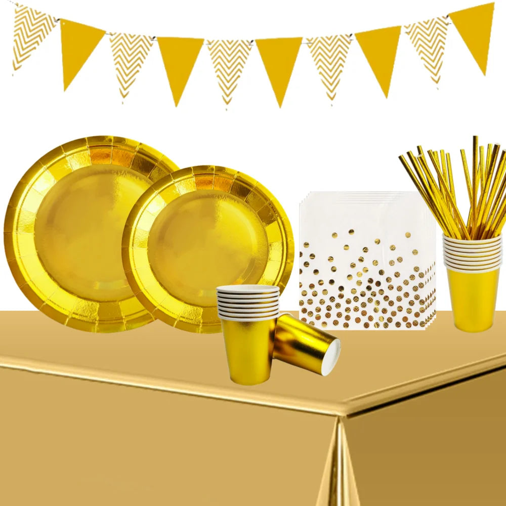 Gold Party Disposable Tableware Set – Includes Paper Plates, Cups, Straws, Banner, and Tablecloth for Kids and Adults – Ideal for Birthdays, Weddings, Baby Showers, and More