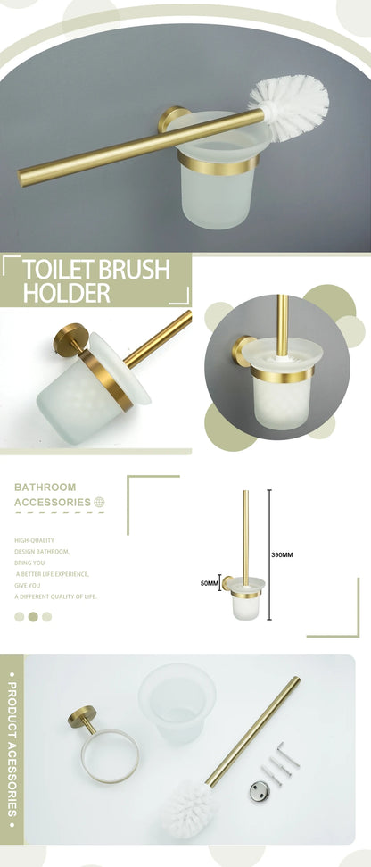 Brushed Gold Bathroom Wall-Mount Shelf & Accessory Set: Includes Toilet Paper Holder, Towel Bar, Rack, Rod, and Robe Hook