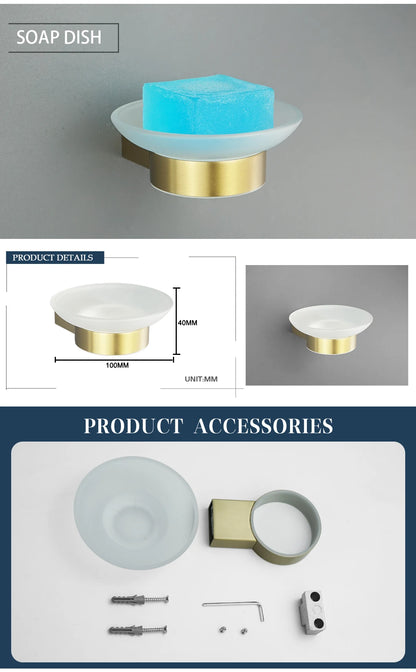 Brushed Gold Bathroom Accessory Set: Towel Bar, Toilet Paper Holder, Towel Rack, Hook, Toilet Brush, and Soap Dispenser