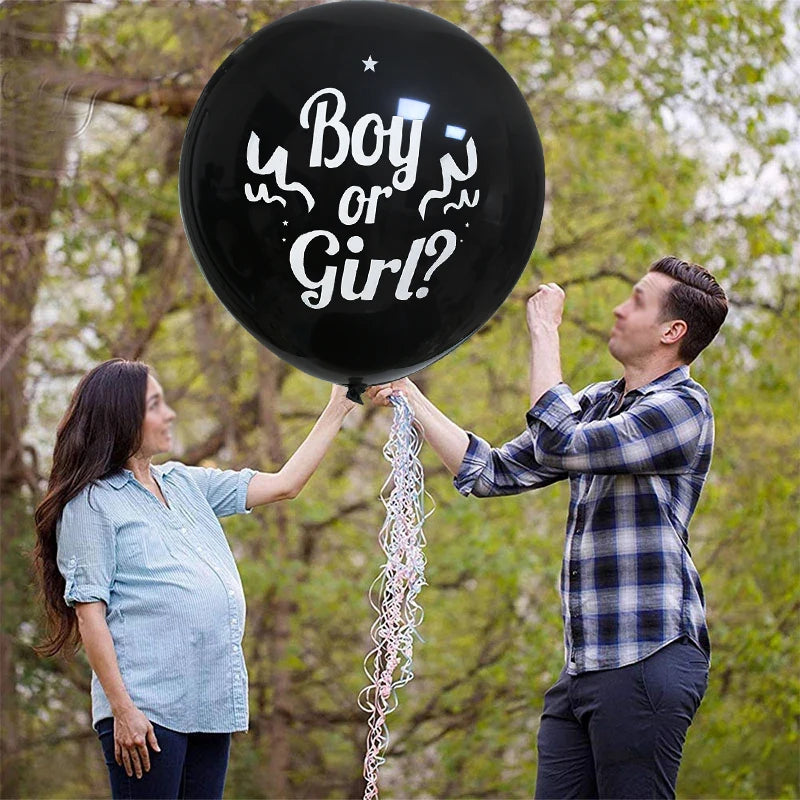 36'' Giant Black Latex Balloon with Blue and Pink Confetti – Perfect for Baby Shower or Gender Reveal Party Decoration