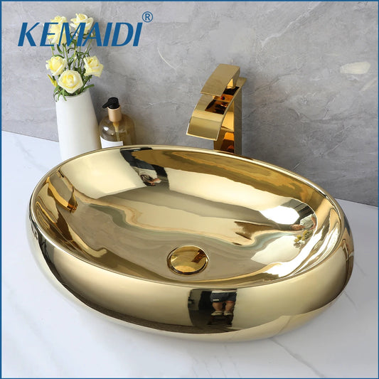 Luxury 23-Inch Bathroom Vessel Sink with Gold Waterfall Faucet Mixer – Above Counter Oval Ceramic Sink with Modern Design