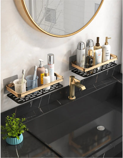 Corner Bathroom Shelf – Brushed Gold & Black Aluminum Wall-Mounted Storage Organizer for Bath and Shower