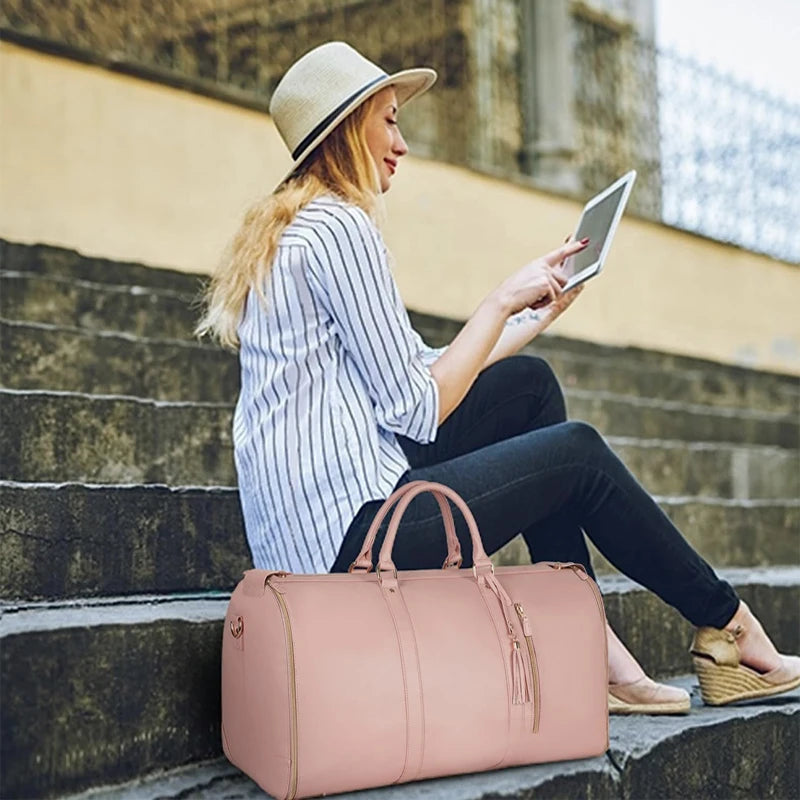 Personalisierte Kleidertasche aus Leder für Damen – große faltbare Reisetasche für Reisen