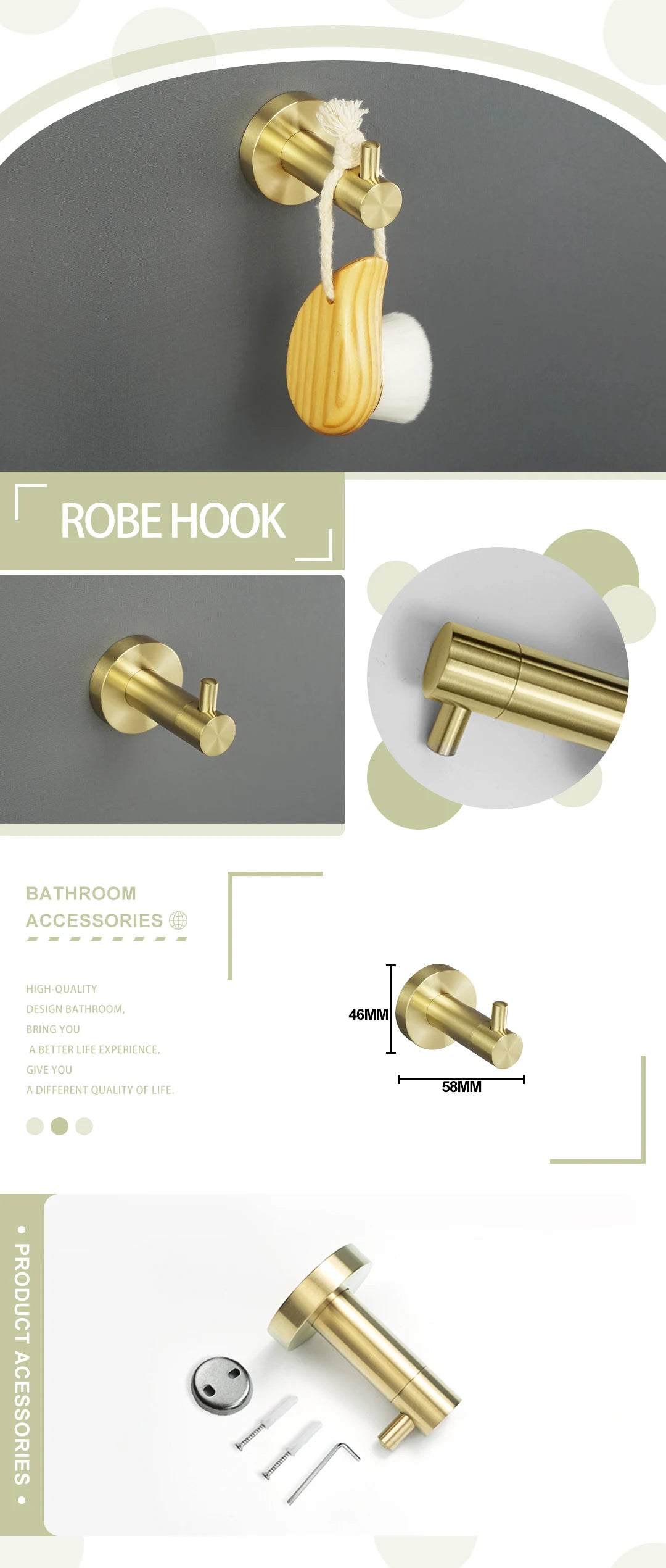 Brushed Gold Bathroom Wall-Mount Shelf & Accessory Set: Includes Toilet Paper Holder, Towel Bar, Rack, Rod, and Robe Hook