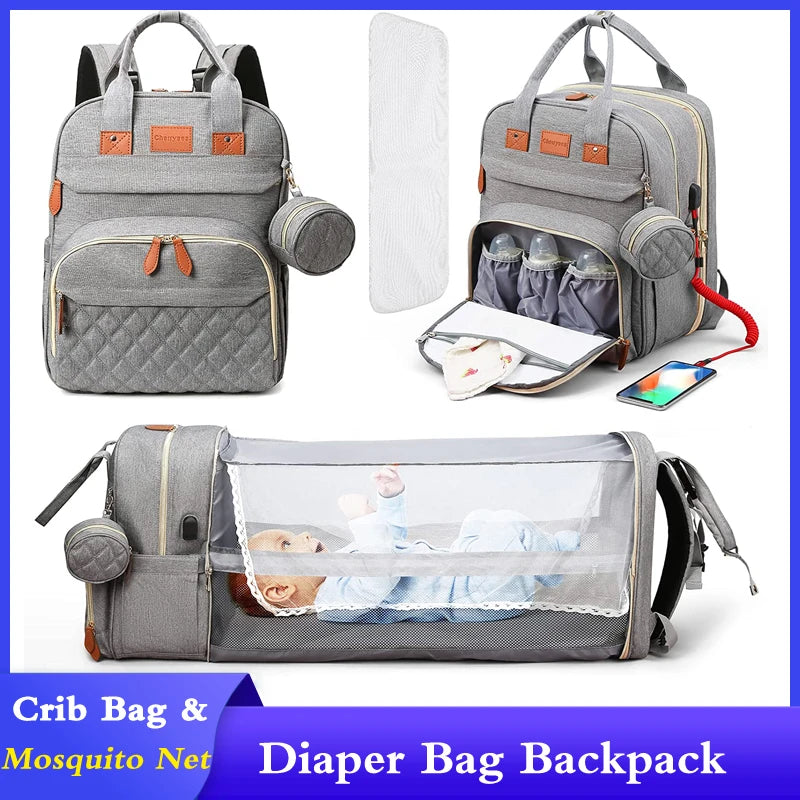 3-in-1 Wickeltaschen-Rucksack mit faltbarem Babybett &amp; USB-Aufladung – wasserdichte Reisetasche mit Wickelunterlage