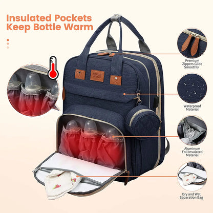 3-in-1 Diaper Bag Backpack with Foldable Baby Bed & USB Charging - Waterproof Travel Bag with Changing Pad