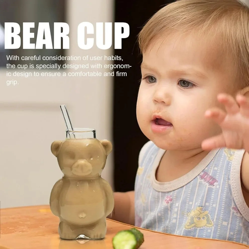 320ml Cute Bear Transparent Coffee Mug with Straw – Versatile Drinkware for Coffee, Milk, Beer, and More