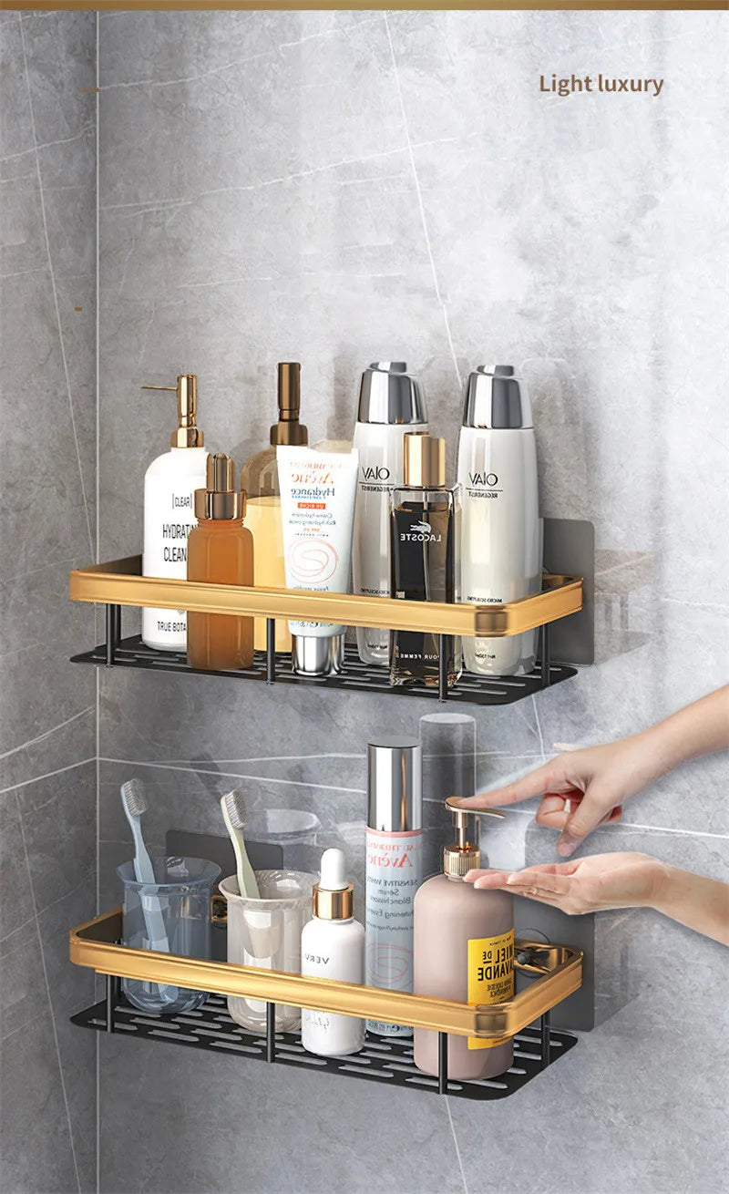 Corner Bathroom Shelf – Brushed Gold & Black Aluminum Wall-Mounted Storage Organizer for Bath and Shower