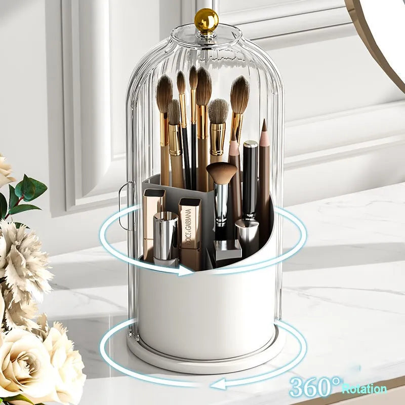 360° Rotating Luxury Makeup Brush Holder with Lid – Elegant Cosmetic Organizer for Lipsticks, Eyebrow Pencils, and Eye Shadow Storage