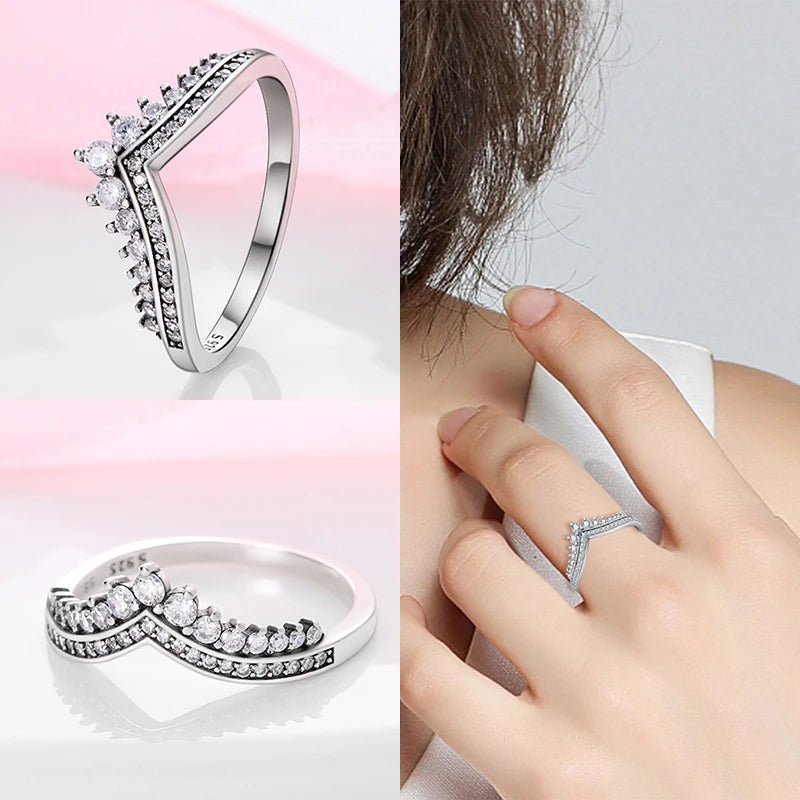 925 Sterling Silber Ring für Damen – Rosa Herz mit Krone, Stern, Mond und Schneeflocken Zirkonia Akzenten – Modischer Verlobungs- und Hochzeitsschmuck