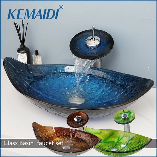 Waterfall Basin Sink Faucet Combo – Tempered Glass Oval Vessel Sink Above Counter with Mixer Tap