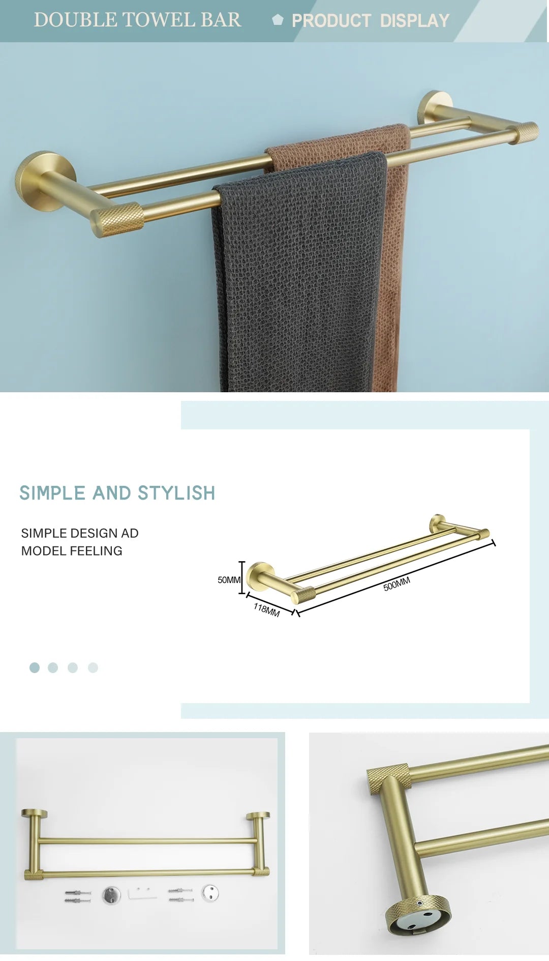 Brushed Gold Bathroom Hardware Kit - Wall-Mounted Hand Towel Bar, Toilet Roll Holder, Robe Hook, and Cup Hanger