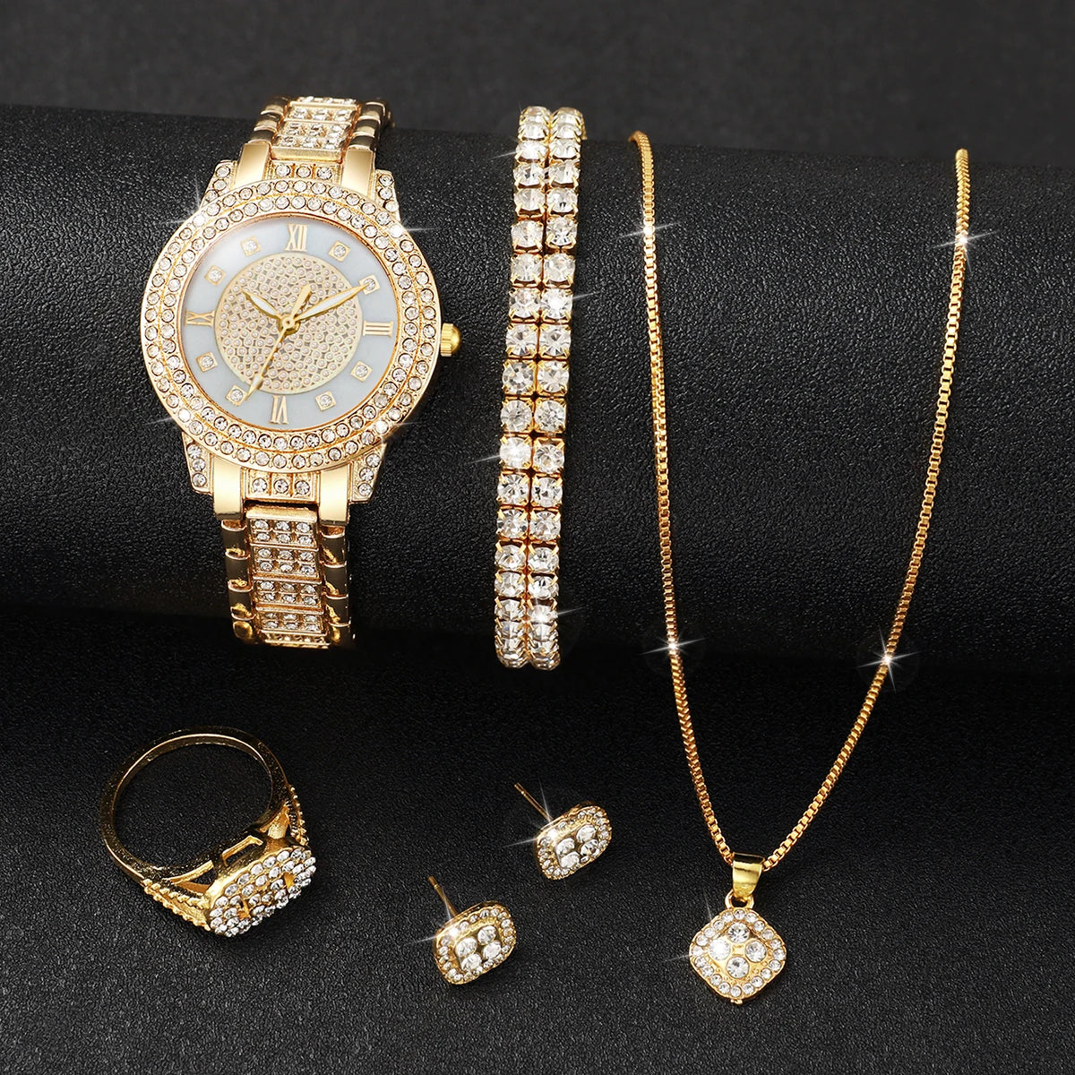 6PCS Women's Rhinestone Quartz Watch & Diamond Jewelry Set - Stainless Steel Band