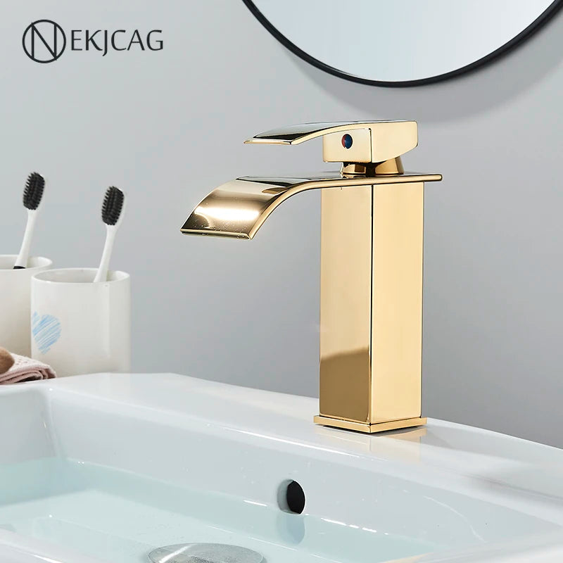 Gold Bathroom Basin Faucet - Waterfall Outlet Sink Mixer with Deck Installation, Cold and Hot Mixing Crane