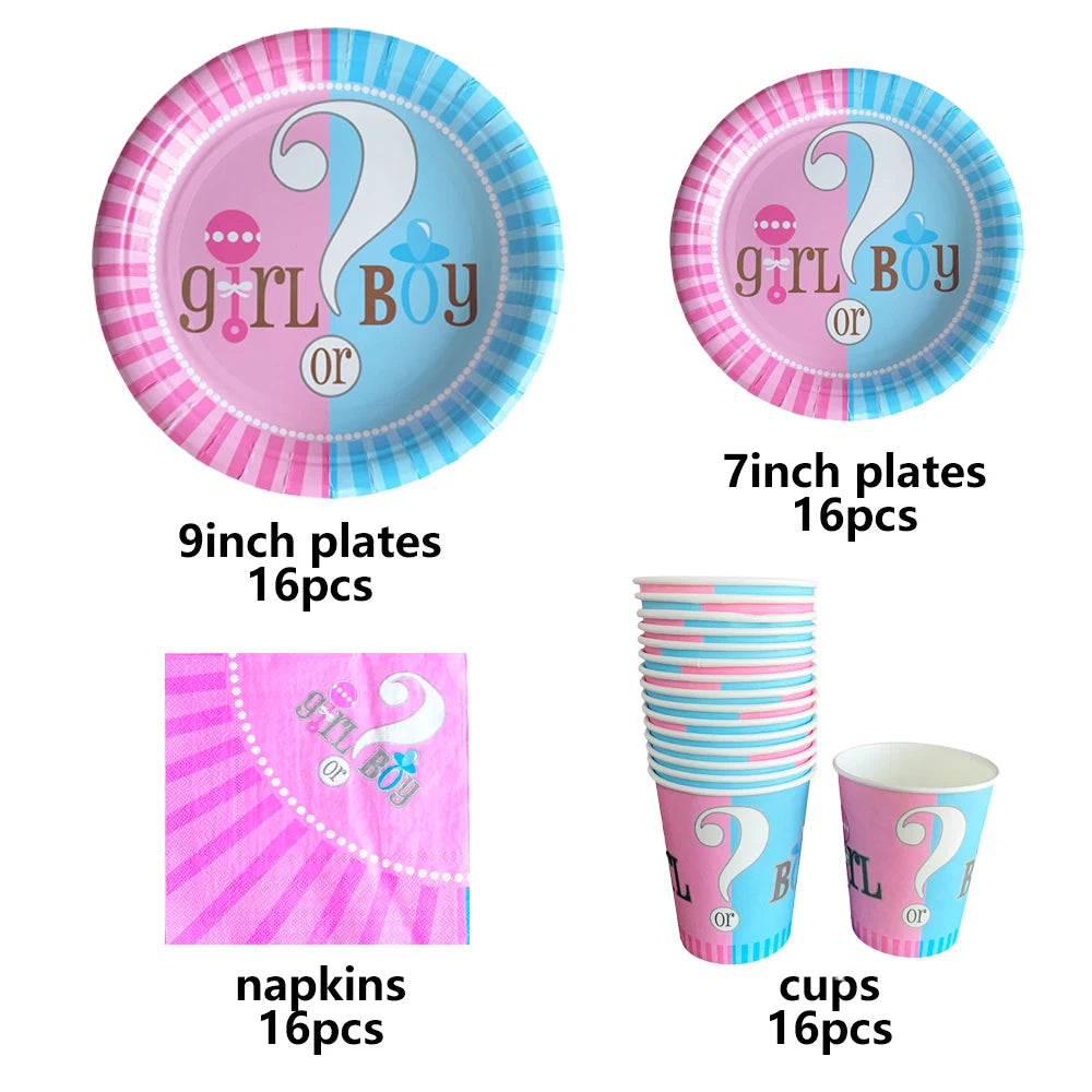 Gender Reveal Disposable Tableware Set – Baby Shower Party Decorations with Paper Plates, Cups, and Latex Balloons for Boys or Girls